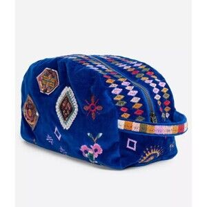 NWT Johnny Was Admiral Blue Margot Patched Makeup Cosmetic Velvet Bag Tote